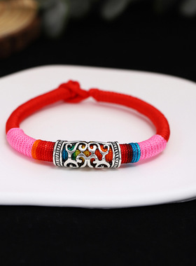 民族风藏式金刚结五彩编织手链 旅游景点复古仿苗银镂空彩虹手绳