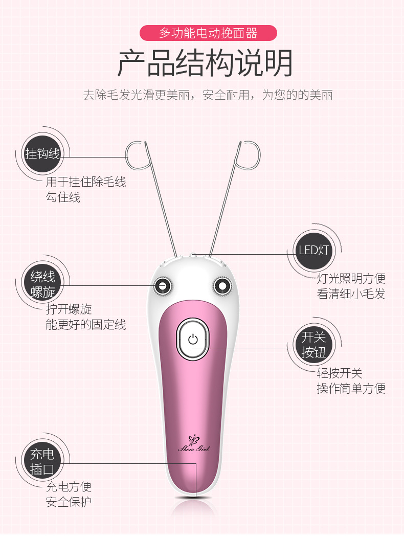 电动挽面器脱毛仪去脸唇毛绞面开脸拔毛神器腋毛拔起小胡子拔毛器-图2