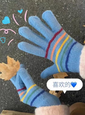 手套冬天女生韩系针织手套露二指可触屏加厚保暖防寒学生骑行手套
