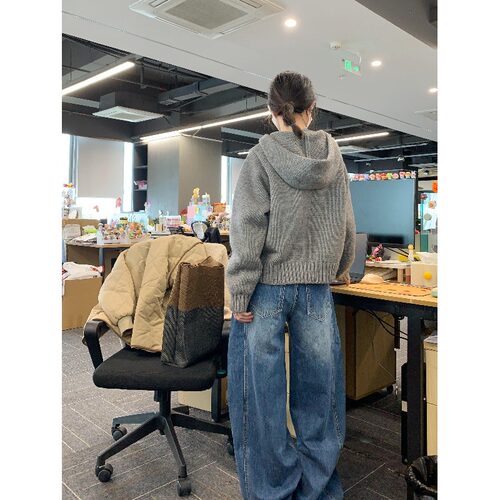 复古高级感连帽双拉链毛衣外套女春秋季2025新款灰色针织开衫上衣 - 图1