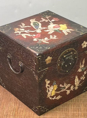 古董文玩紫檀木镶嵌贝壳花鸟首饰盒正方形印章盒官箱收纳子配锁