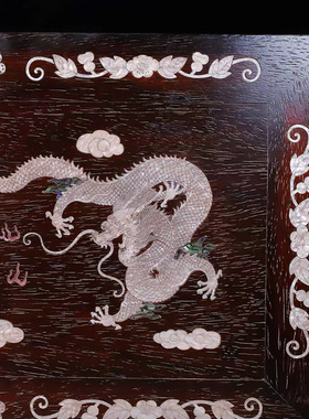 古董文玩小叶紫檀木镶嵌贝壳花鸟龙凤茶桌红木圆腿炕桌茶台摆件