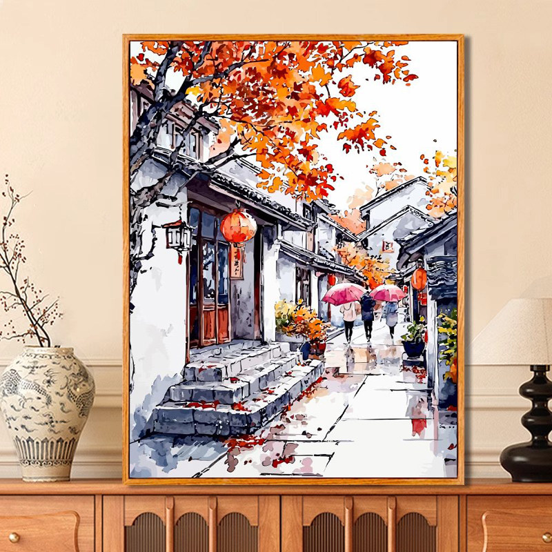 秋天风景数字油画diy填充填色手工绘冬日街景治愈丙烯油彩装饰画