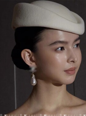 赫本风白色平顶小礼帽法式优雅女