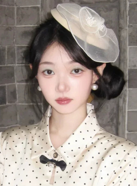 法式复古千金感网纱花朵小礼帽女