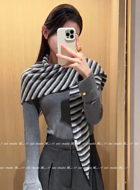 高智感灰黑色条纹三角巾秋冬季新