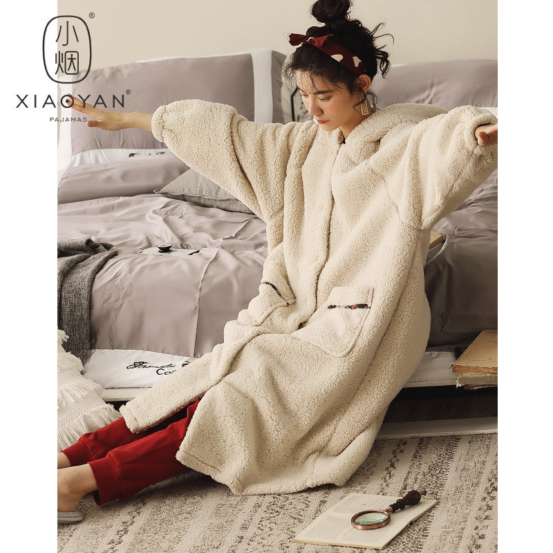 秋冬冬法兰绒加绒长款珊瑚绒睡衣 小烟睡袍/浴袍