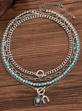 2025欧美跨境饰品复古松石锁骨链串珠项链套装OT扣民族风项饰女