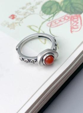 2025七尚泰银南红铜钱小元宝戒指女活口百搭复古风国风红色指环配