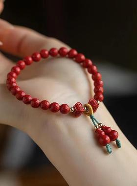 2025盼福朱砂原矿红砂水飞砂福禄葫芦红砂灯笼珠切面手串女士手链