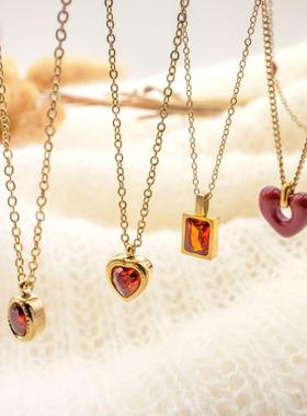2025跨境爆款红色系锆石简约百搭钛钢项炼小众高级感爱心项炼项饰