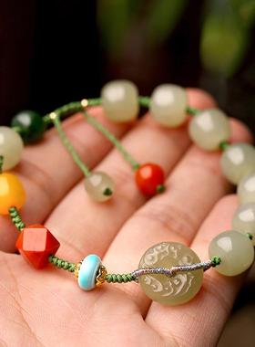 2025和田玉鸭蛋青手串女款DIY玉珠子蜜蜡平安扣手链设计款
