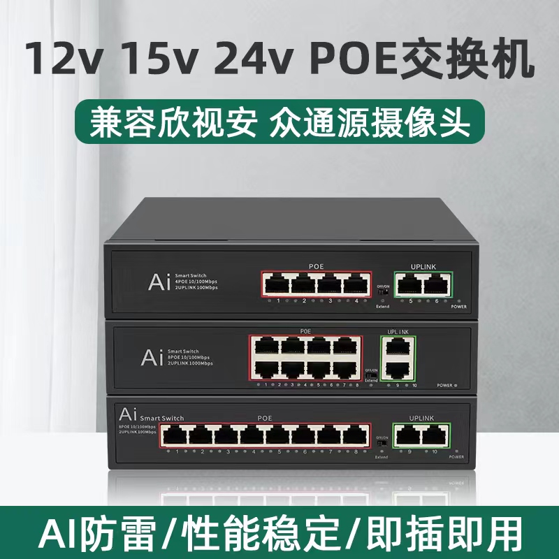 适用于欣视安兼容众通源摄像头15vpoe交换机非标spoe 4口8口四口八口POE供电15v - 图0