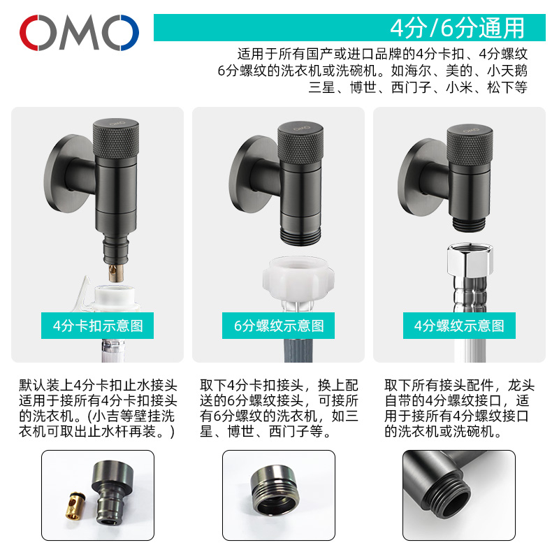 OMO全铜洗衣机水龙头自动止水阀专用4/6分通用防脱落水嘴角阀家用 - 图1