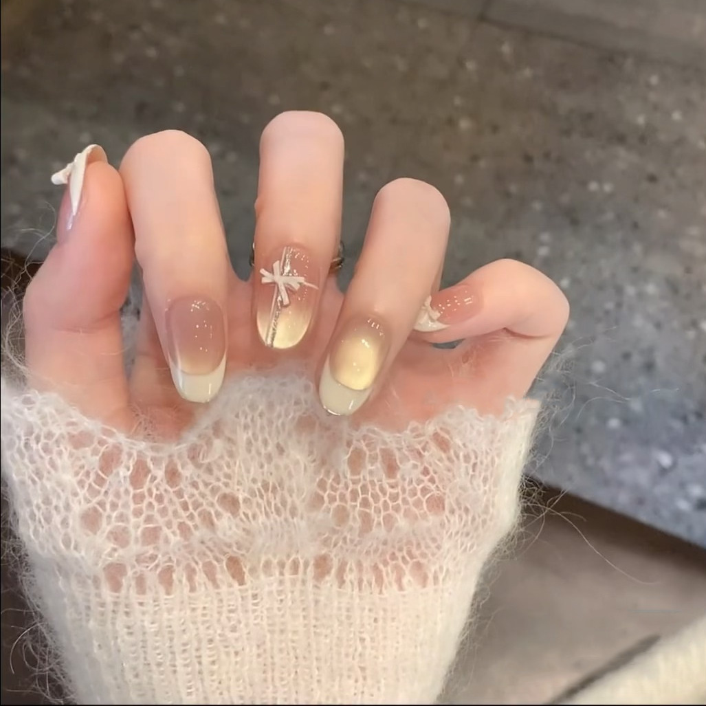 新款纯手工穿戴甲纯欲风设计师款小众短款高颜值粉嫩蝴蝶结美甲,淘宝优惠券,粉丝福利购,淘宝优惠卷