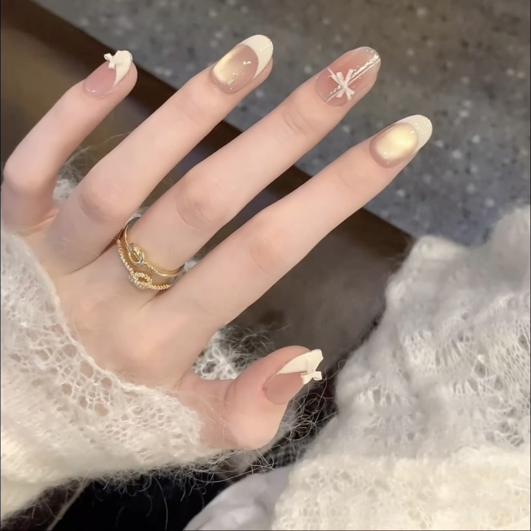 新款纯手工穿戴甲纯欲风设计师款小众短款高颜值粉嫩蝴蝶结美甲,淘宝优惠券,粉丝福利购,淘宝优惠卷