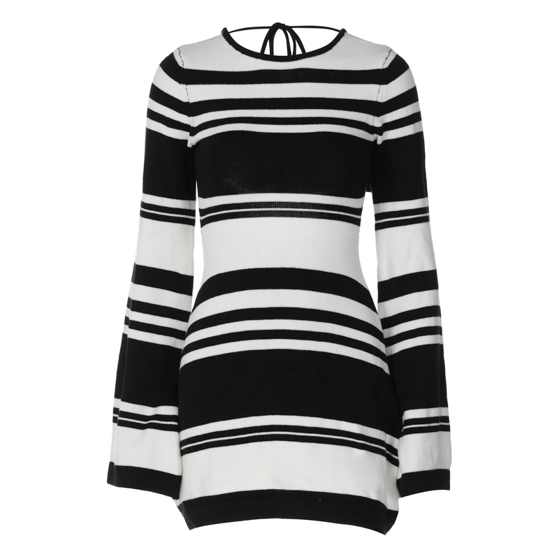 Knitted sweater striped backless dress针织毛衣条纹露背连衣裙-图3