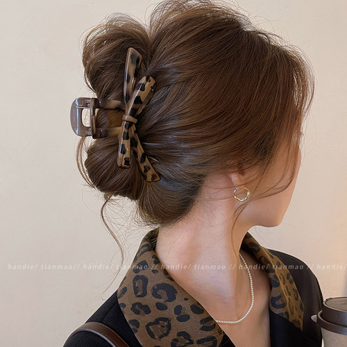 韩系豹纹蝴蝶结抓夹女高级感半扎发鲨鱼夹超大号发夹气质头饰发卡 - 图0