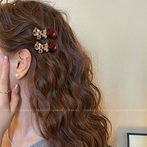 豹纹小狗圆珠侧边夹发夹女2025新款高端发卡子碎发刘海夹前额头饰 - 图0
