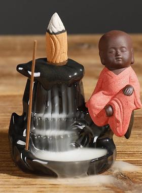 跨境陶瓷烟倒流香炉 创意高山流水小和尚回流香炉家居工艺品摆件