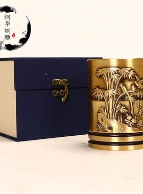 节节高升 竹报平安黄铜制作 浮雕笔筒 雕刻竹子 礼品 装饰品摆件