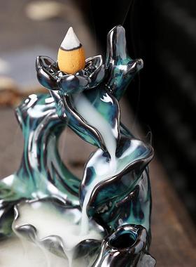 跨境 陶瓷左右逢源荷叶瀑布回流香薰炉家居摆件 创意荷花倒流香炉