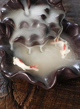 陶瓷热销款倒流香炉 亚马逊热销款荷花双鱼观赏瀑布回流香炉摆件