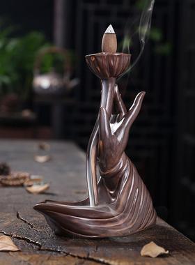 创意紫砂倒流香炉仿古陶瓷香薰炉禅意檀香炉家用室内香道家居摆件