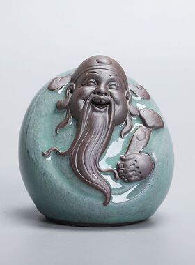 哥窑福禄寿茶宠摆件 紫砂和尚茶宠摆件 茶道开片陶瓷办公室装饰品