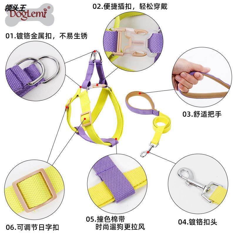 彩虹宠物胸背带套装拼色背心式防挣脱狗狗胸背带牵引绳棉质狗背带,淘宝优惠券,粉丝福利购,淘宝优惠卷