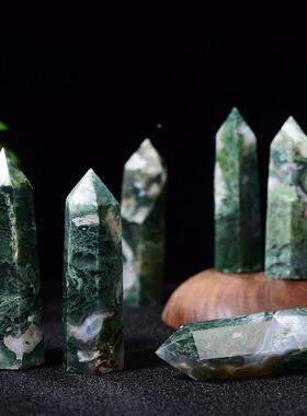 厂家直发天然水草玛瑙单尖柱带洞原石打磨水晶六棱柱家居装饰摆件