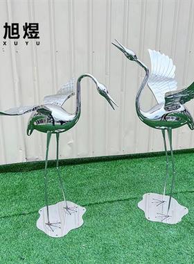 现货不锈钢仙鹤雕塑金属镜面售楼部草坪园林景观装饰火烈鸟可定制