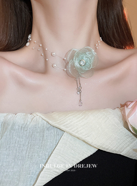 海边花朵绿色项链女脖子配饰珍珠choker颈链森系轻奢小众锁骨链