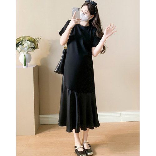 孕妇连衣裙夏季2026新款黄色宽松遮肚显瘦短袖法式拼接鱼尾中长款 - 图2