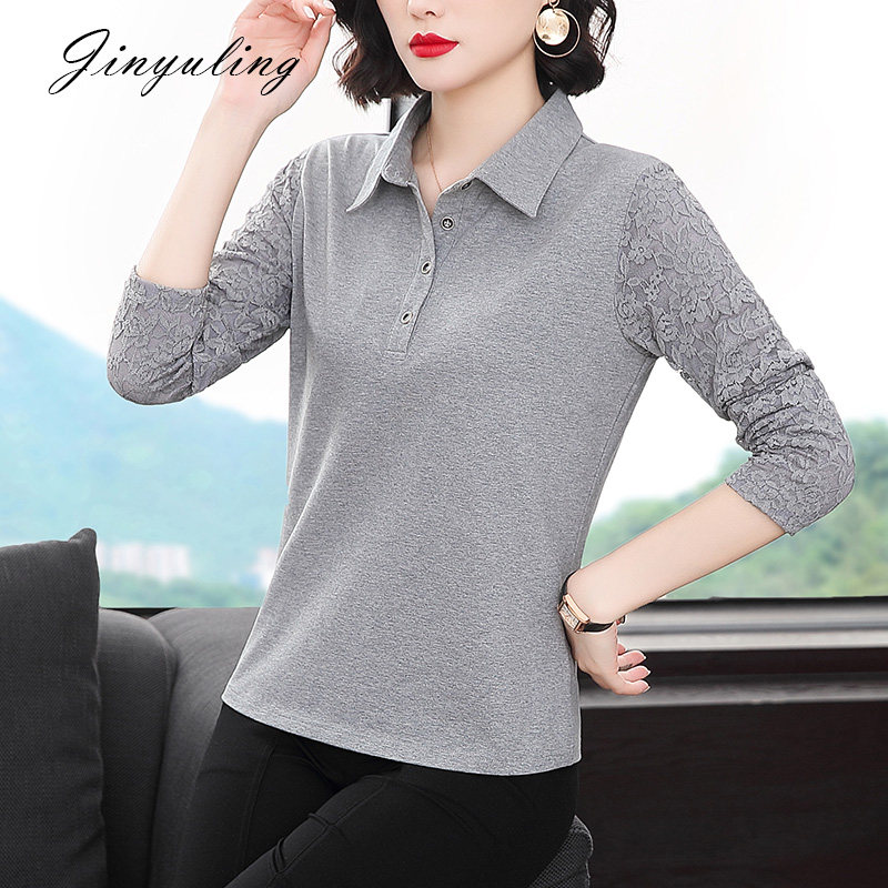 妈妈翻领长袖纯棉2021新款女打底衫 金羽伶T恤