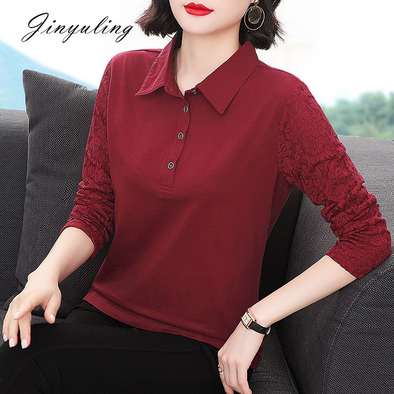 妈妈翻领长袖纯棉2021新款女打底衫 金羽伶T恤