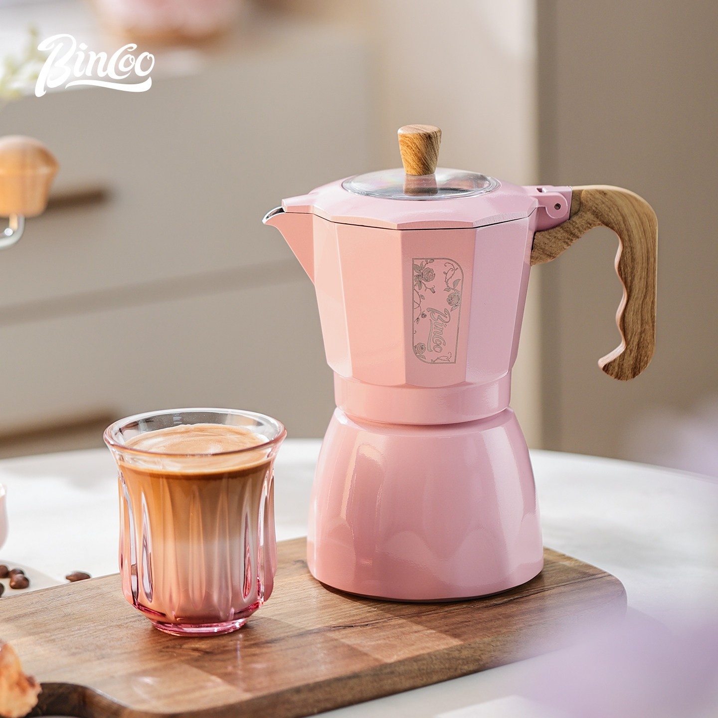 Bincoo粉色双阀摩卡壶套装家用意式浓缩萃取煮咖啡壶小型咖啡机,淘宝优惠券,粉丝福利购,淘宝优惠卷
