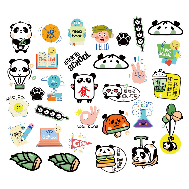 62张熊猫贴画可爱卡通儿童奖励表情贴创意装饰笔记本防水涂鸦贴纸小清新励志文字卡片激励中高考加油贴纸