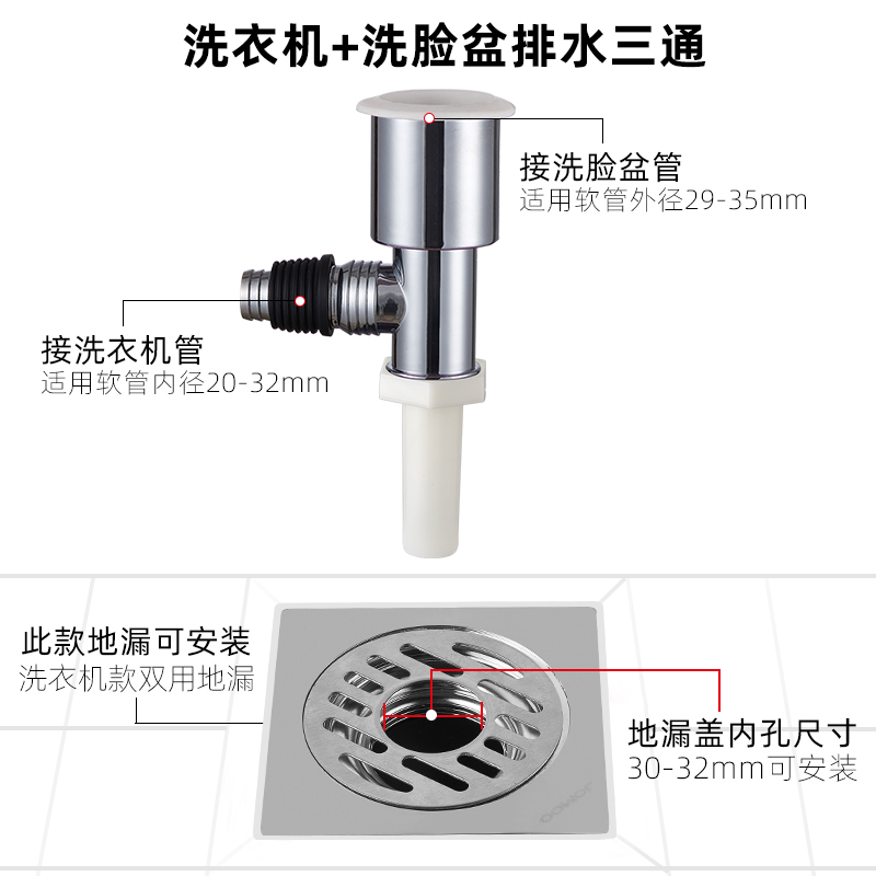 地漏三通洗衣机下水管地漏接头两用排水管洗脸盆管滚筒机防溢水-图1