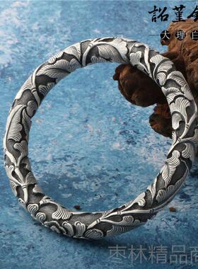 正品雕银手环银镯花富贵开牡丹花银镯子复古民族银饰盛放牡风丹浮