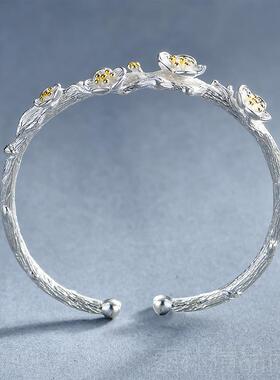 正品气质中国风设计简约清新925纯银枝干花手镯环女开口樱手文S艺