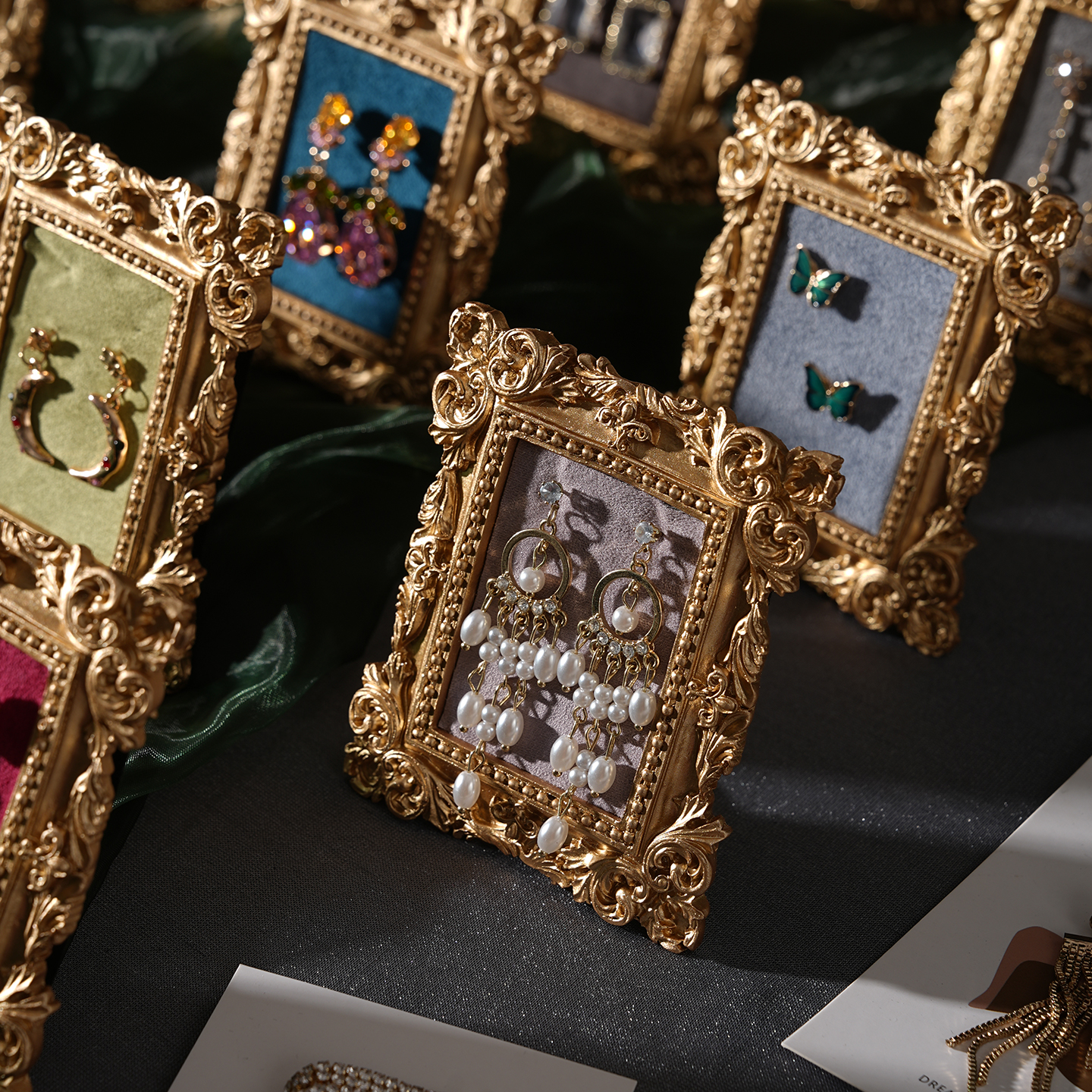 首饰展示架复古软包相框耳环收纳盘饰品珠宝店铺陈列拍摄道具摆件 - 图0