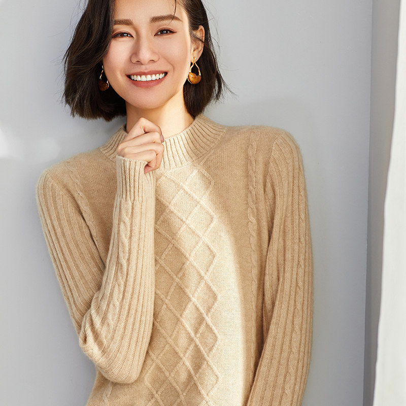 半高领加厚100纯山羊绒衫女秋冬季针织打底羊毛菱形扭花保暖毛衣_虎窝淘