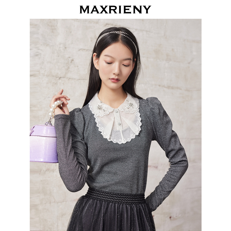 【奥莱】MAXRIENY复古大翻领套头毛衣女冬款泡泡袖针织衫