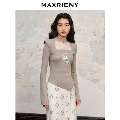 【奥莱】MAXRIENY仙美国风新中式套头针织修身垫肩上衣 - 图0