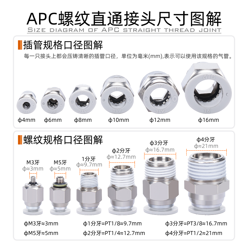 亚德客气动螺纹直通气管pc快插接头APC4 6 8 10 12 M5 01 02 03 4 - 图0