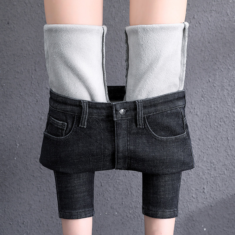 加绒小脚女2021年新款高腰牛仔裤 刘菇凉牛仔裤