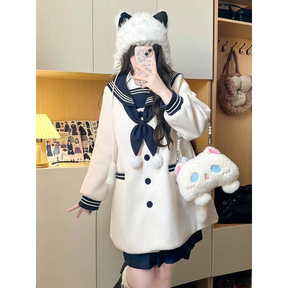 秋冬JK制服毛呢粉白绀白套装海军领上衣蝴蝶结小众设计百褶裙套装,淘宝优惠券,粉丝福利购,淘宝优惠卷