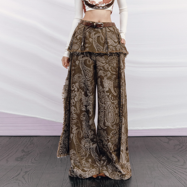 OfAkiva Wild Vein Moonlight Mountain pleated skirt draped lace-up raw edge cashew jeans