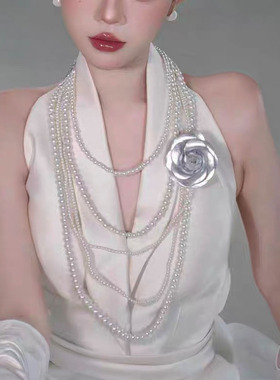 法式多层叠戴珍珠项链长款毛衣链